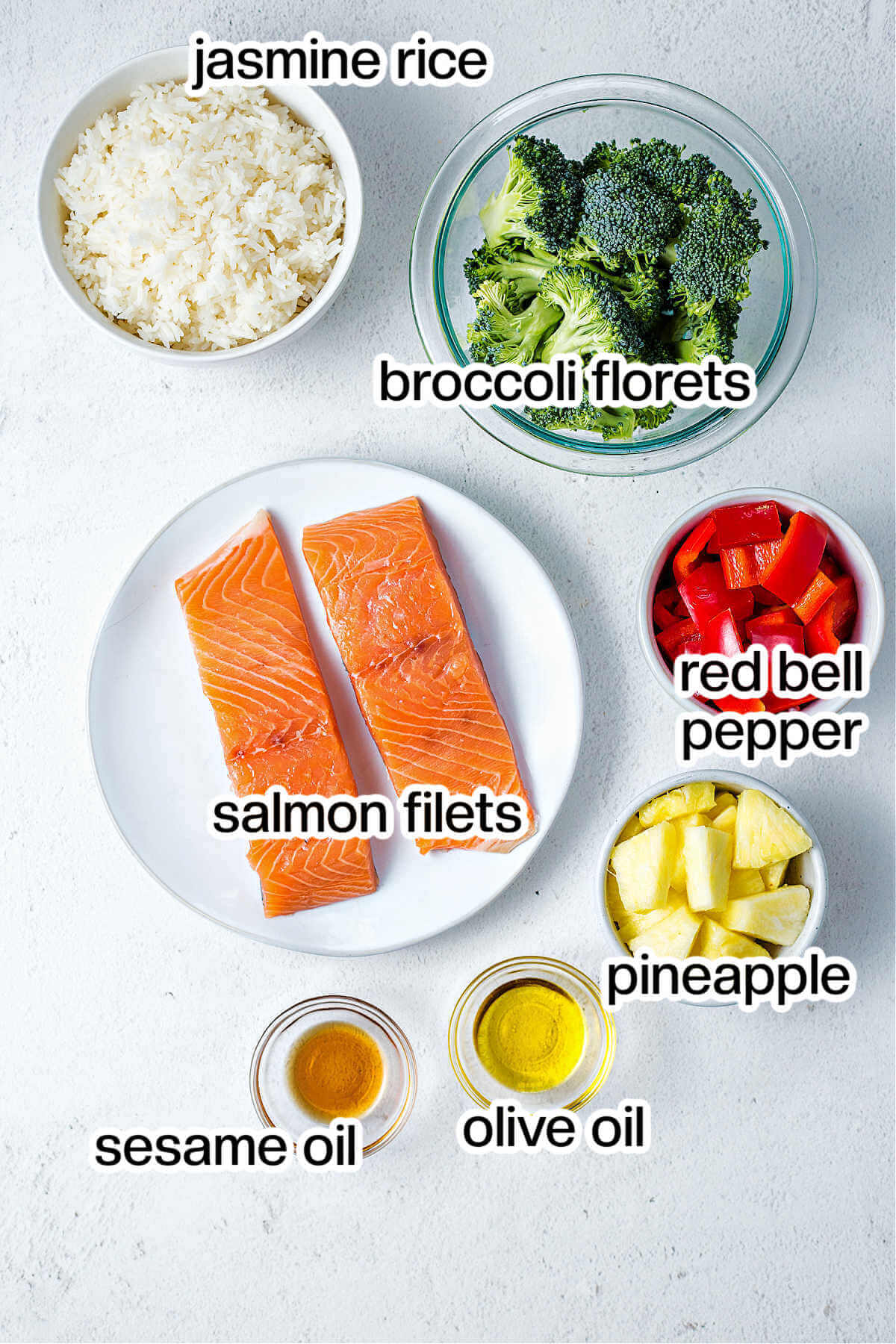 ingredients for salmon bowls on a table.