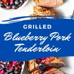 Grilled Pork Tenderloin with blueberry salsa on a white serving platter on a table.