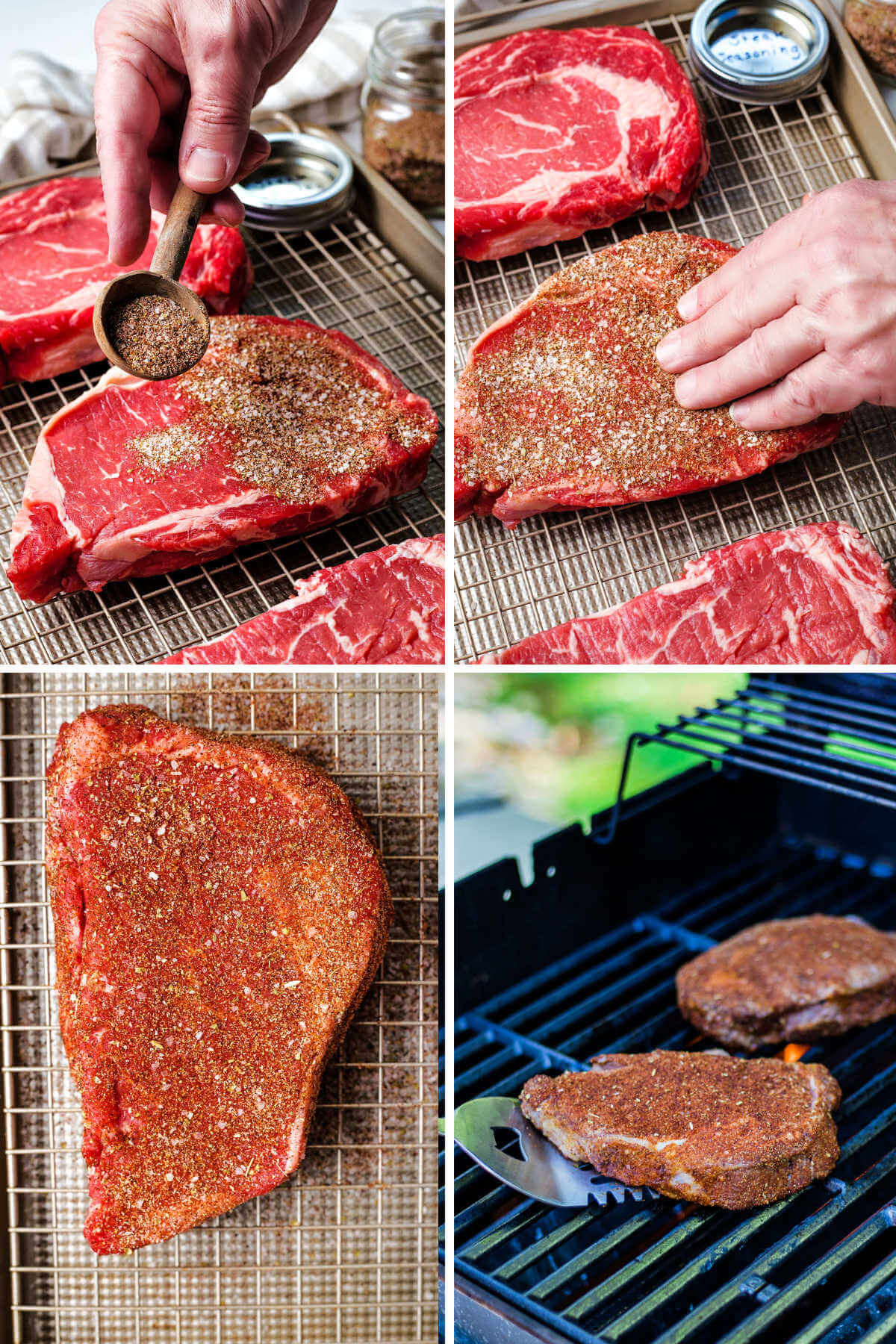 process steps for seasoning a steak for the grill with homemade steak seasoning.