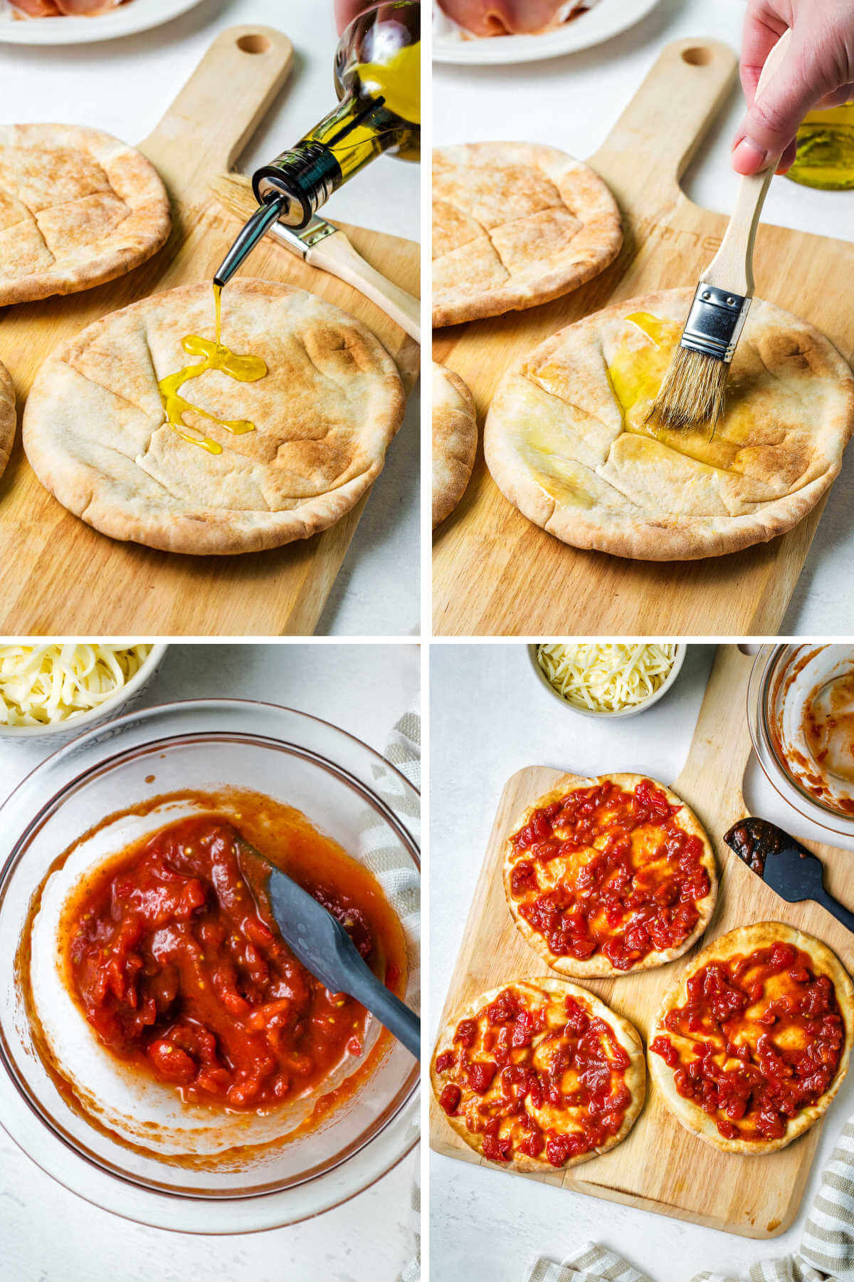 brushing pita bread rounds with olive oil; mixing crushed tomatoes into pizza sauce for pita bread pizzas.