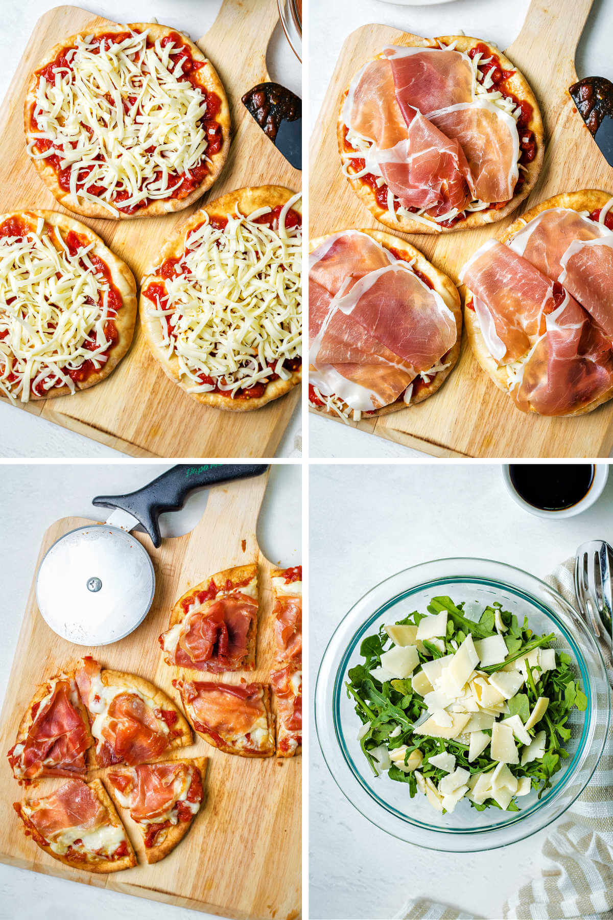 pita bread pizza prep: layering sauce, cheese, prosciutto; baked pizza on a pizza peel; arugula in a glass bowl with shaved parmesan.