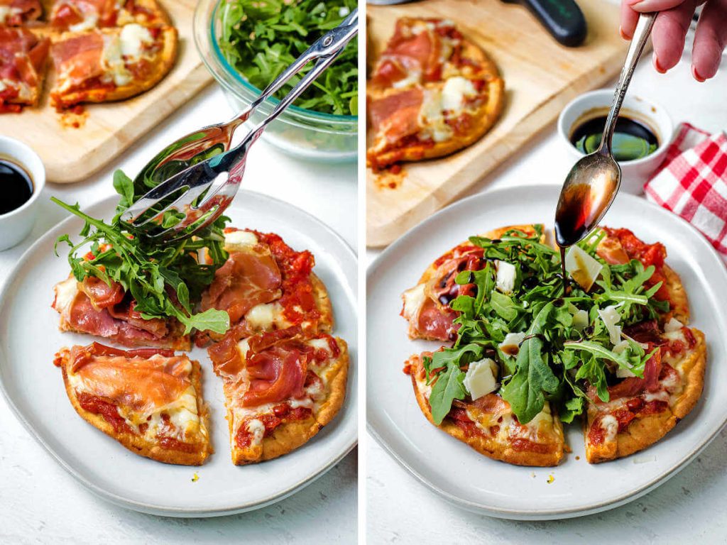 adding arugula and balsamic vinegar to the top of baked pita bread pizzas.