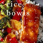 Teriyaki Salmon Rice Bowls on a wicker placemat on a table.