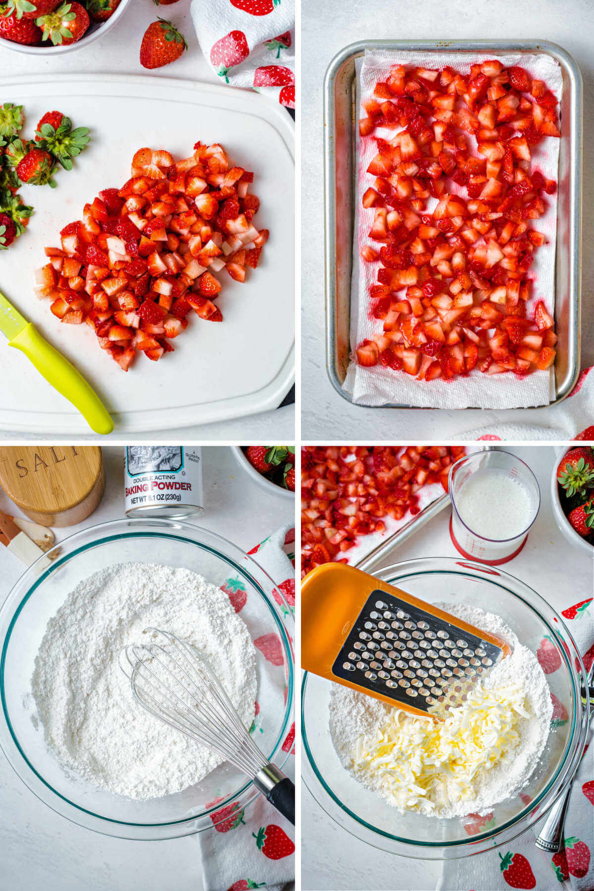 diced strawberries drying on a paper towel, mixing dry ingredients for strawberry biscuits.