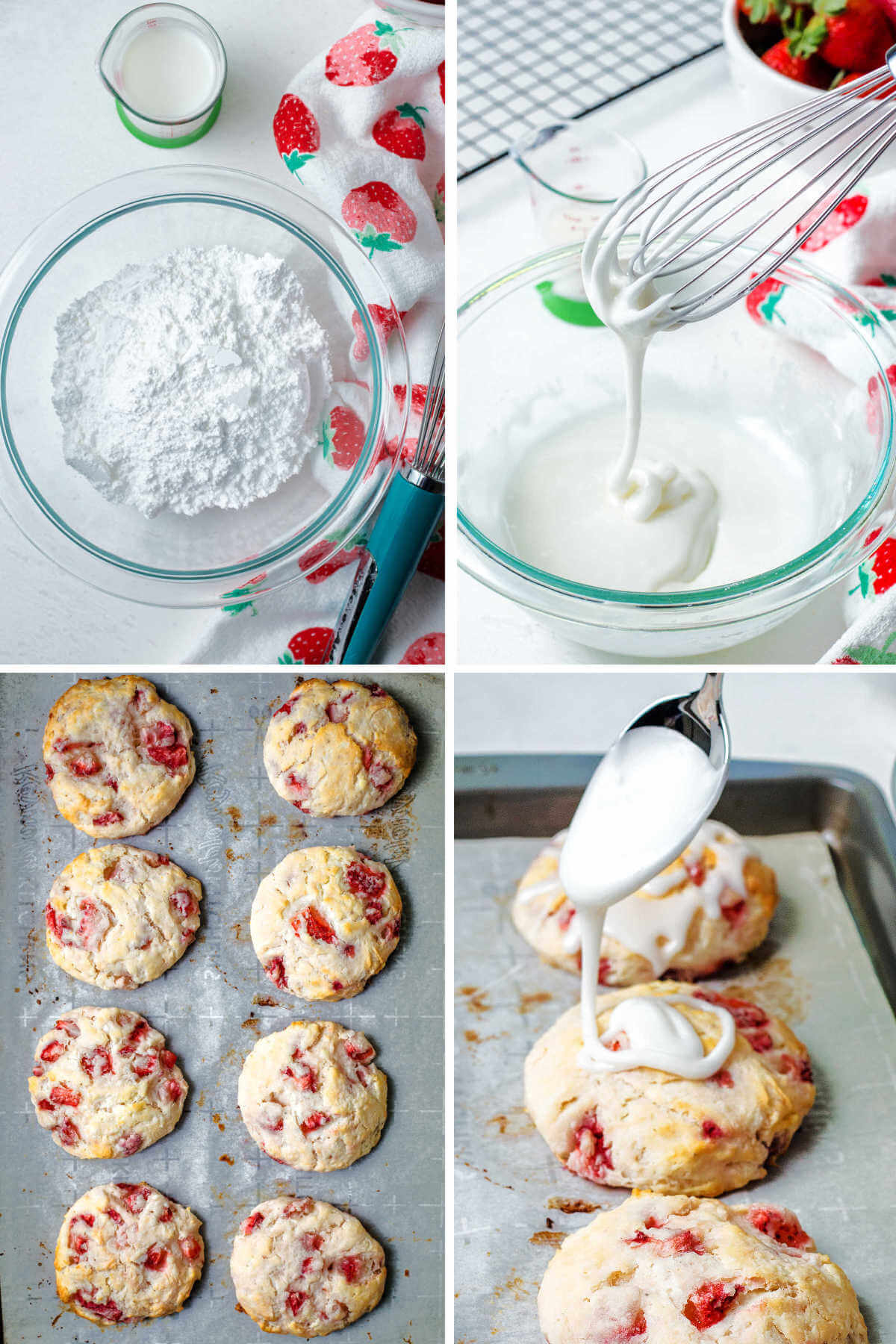 stirring together a powdered sugar glaze for strawberry biscuits and drizzling on top of warm biscuits.