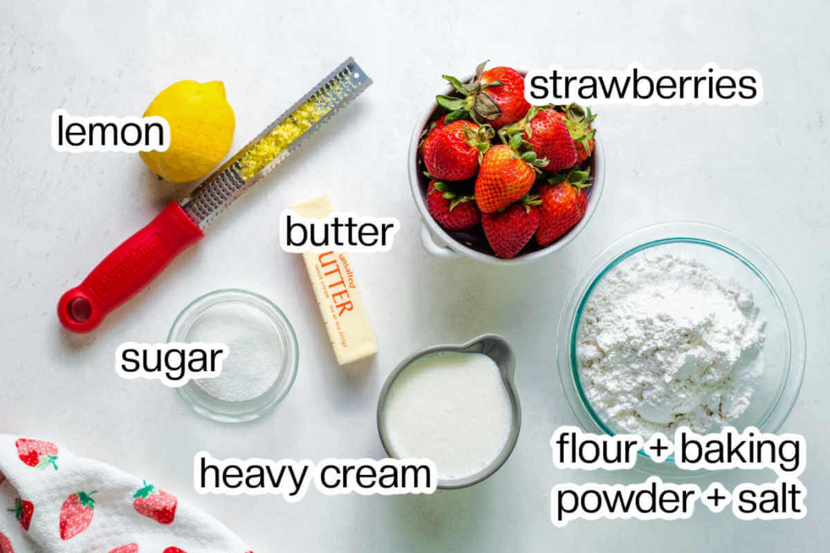 ingredients for strawberry scones on a table.