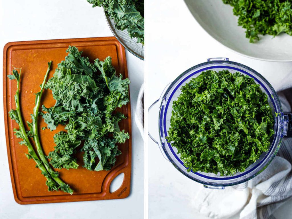 removing the leaves from kale stalks and chopping them in a food processor.