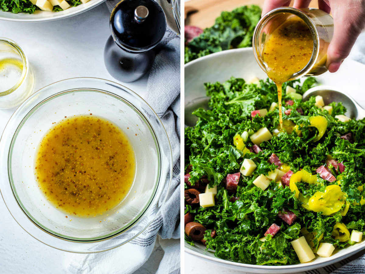 whisked vinaigrette in a bowl, then being poured over ingredients for a chopped kale salad.