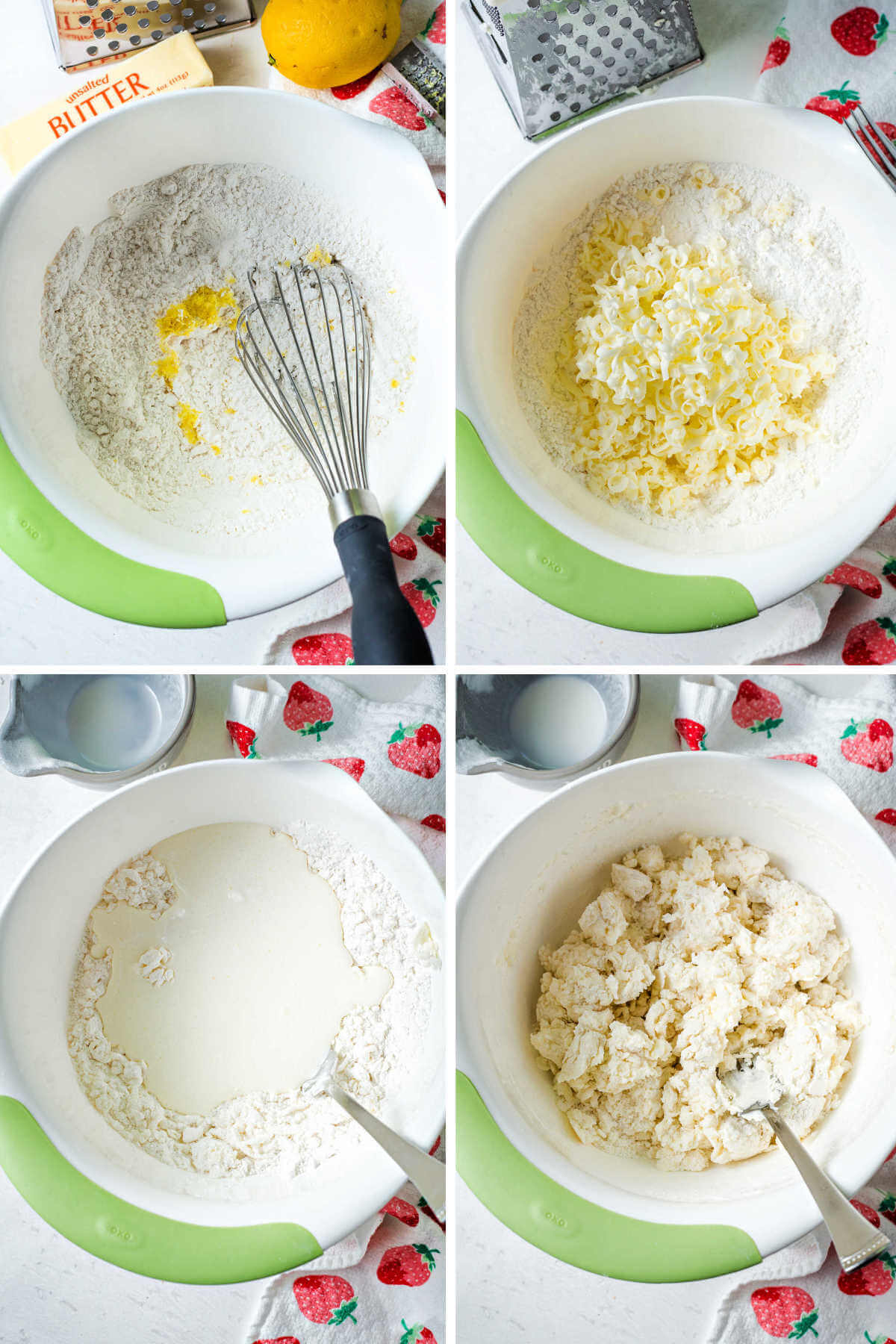 process steps for making the dough for strawberry scones; whisking flour, adding grated butter and cream.