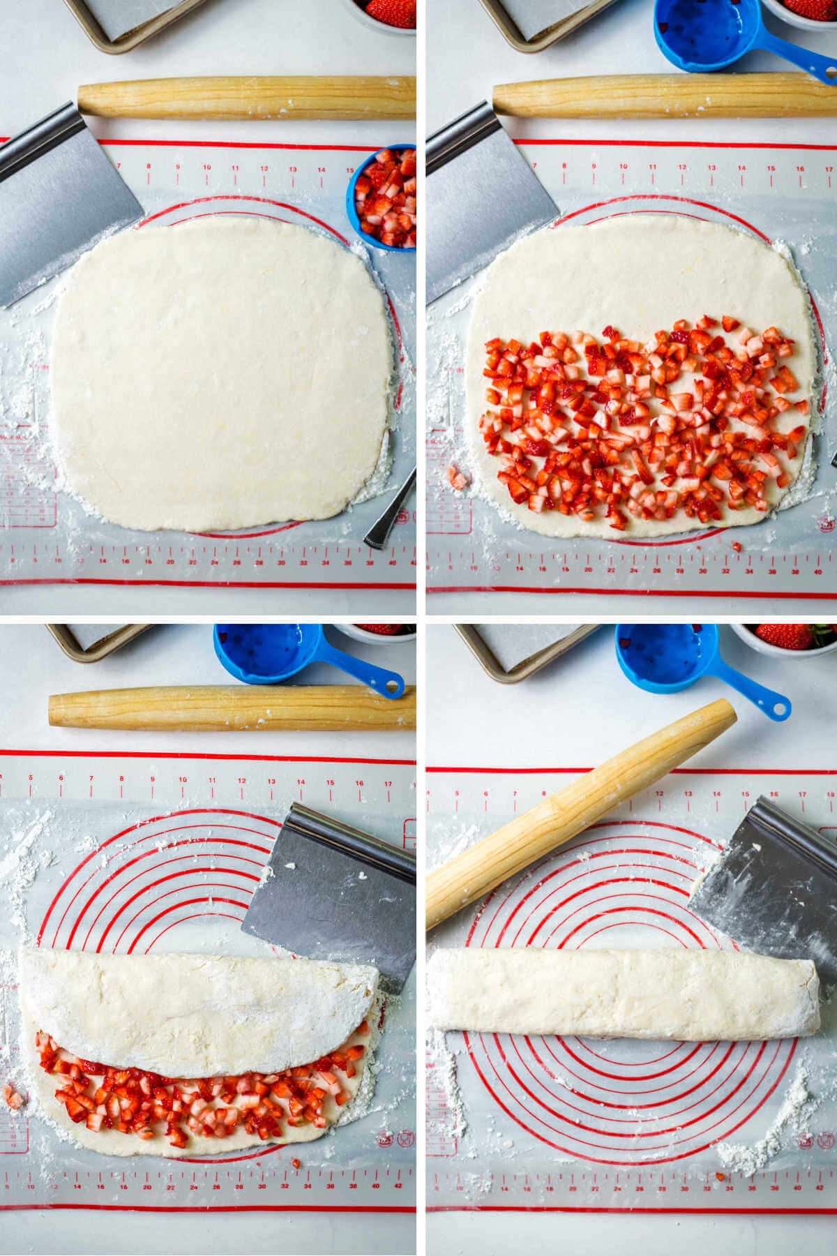 process steps for shaping the dough for strawberry scones; adding diced berries on top of dough and folding it over to form a log.