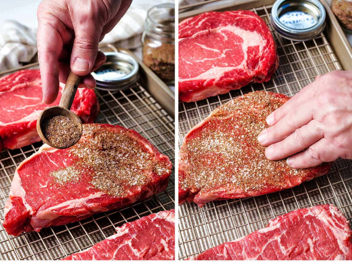 Side by side image showing applying seasoning to steak.