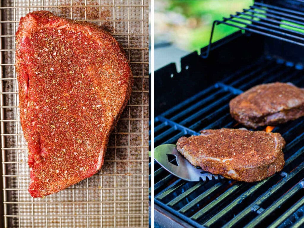 Side by side images showing seasoned steak resting, then cooking on the grill.