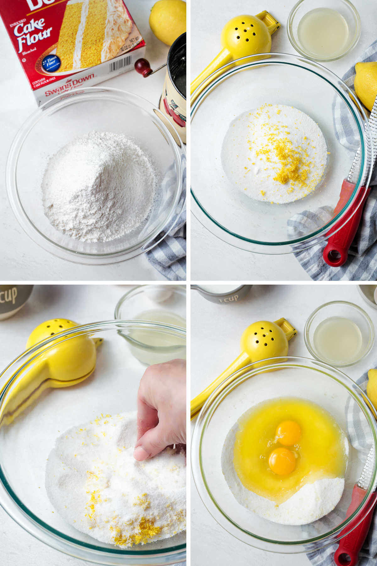 sifting cake flour and zesting lemon for lemon poppyseed muffins.