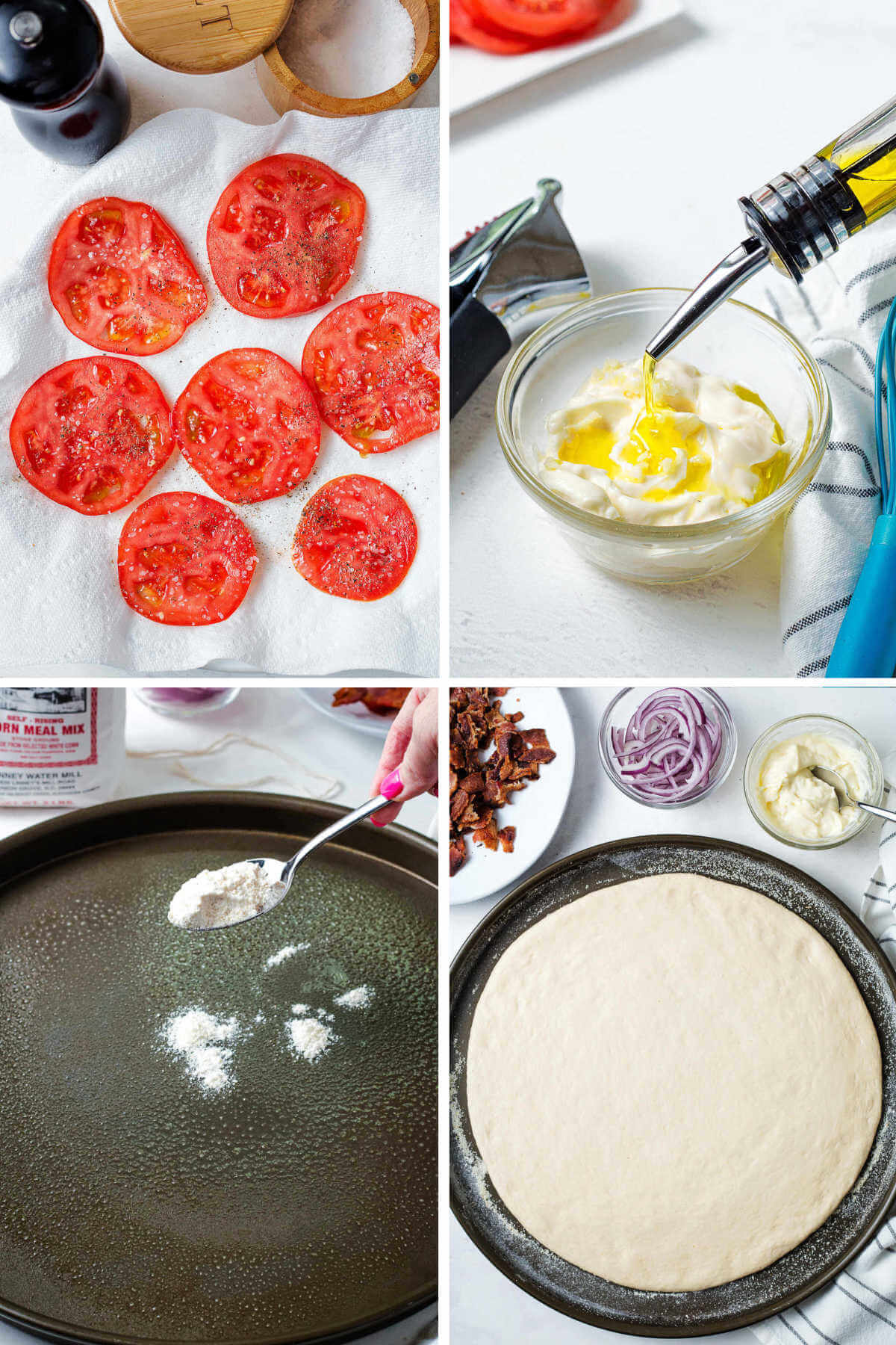 process steps for BLT pizza: salt tomatoes; make garlic aioli; shape pizza dough on pan.