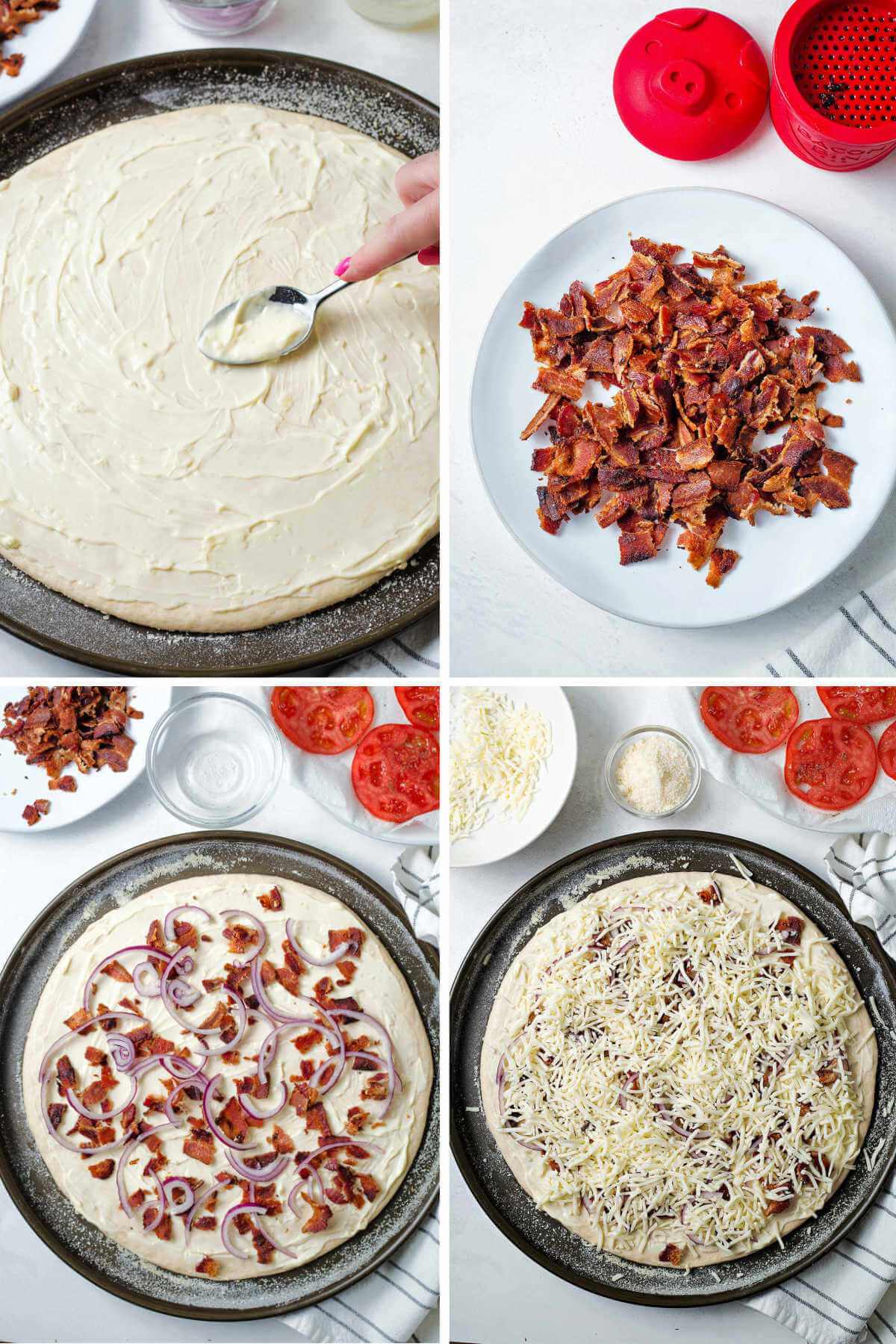 spread garlic mayo on dough; crumble bacon; layer ingredients and cheese on pizza for BLT pizza.