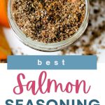 Best Salmon Seasoning in a mason jar with a wooden spoon.