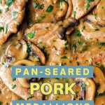Pork Medallions with Mushroom Gravy in a skillet with a wooden spoon