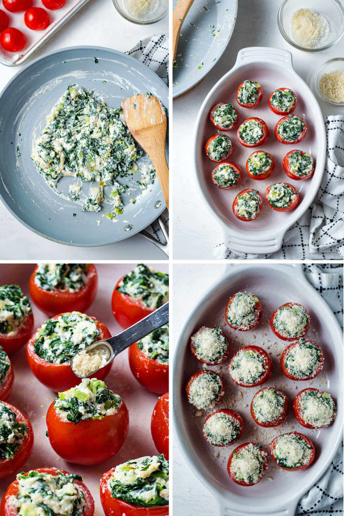 spinach mixture in a skillet; stuffed tomatoes in a baking dish; sprinkling more panko breadcrumbs and parmesan cheese on stuffed tomatoes ready for the oven,