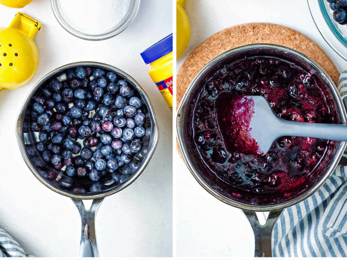 preparing the blueberry sauce for blueberry shortcakes; cooking blueberries with sugar, cornstarch, and lemon juice.