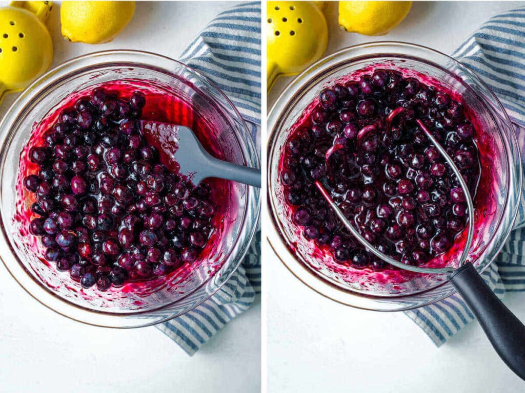 Side by side images showing stirring in more blueberries and also using a potato masher to crush some blueberries.