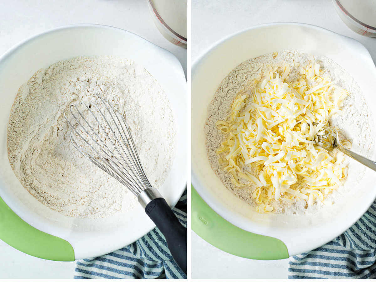 preparing the dough for shortcakes; whisking dry ingredients in a bowl and adding butter.
