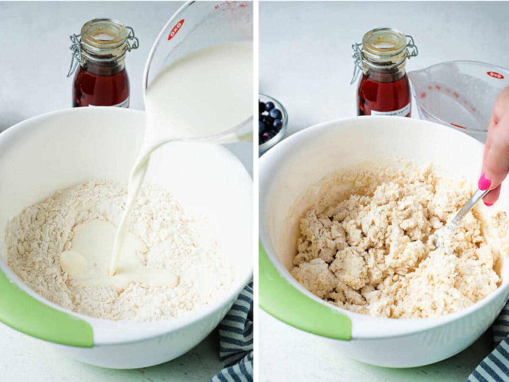 Side by side images showing  stirring in heavy cream with a fork.