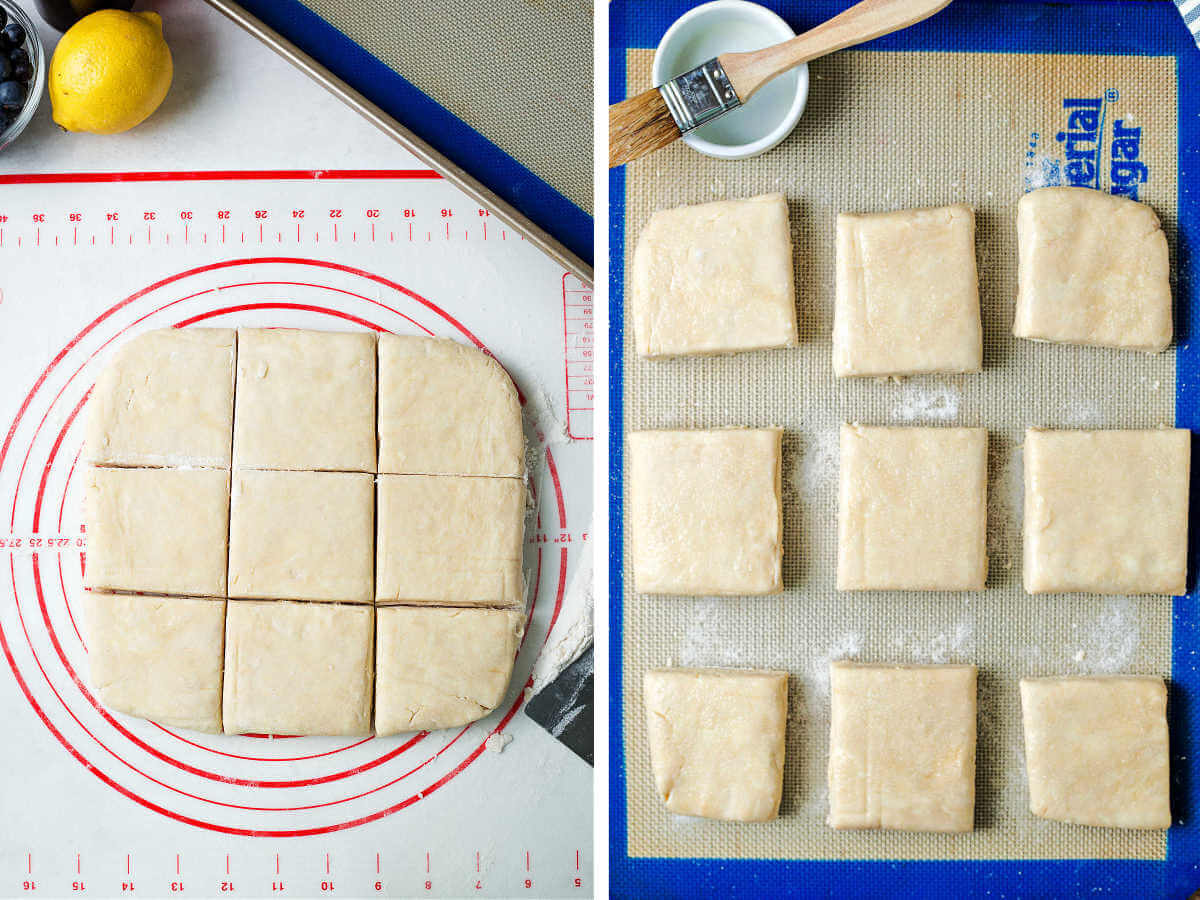 shortcakes cut into 9 squares on a pastry board; shortcakes on a baking sheet sprinkled with sugar.