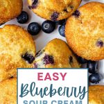 Blueberry Sour Cream Muffins on a platter with fresh blueberries.