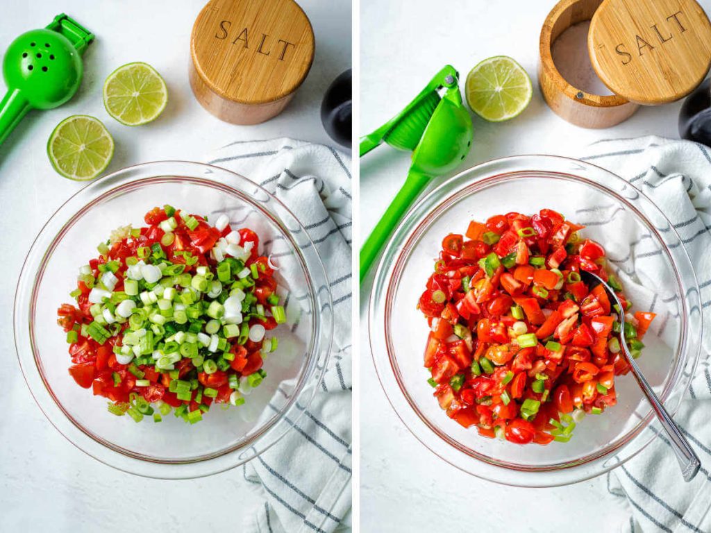 ingredients for fresh salsa in a glass bowl — chopped tomatoes, green onions, and jalapeno.