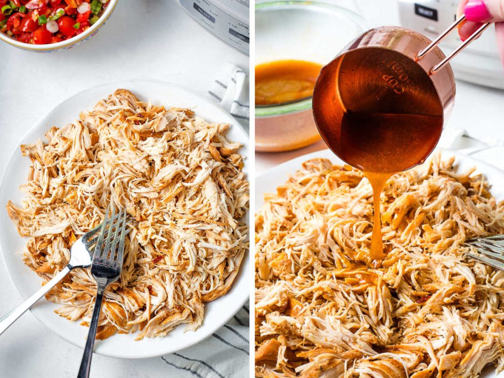 a plate of shredded chicken for street tacos on a plate with two forks.