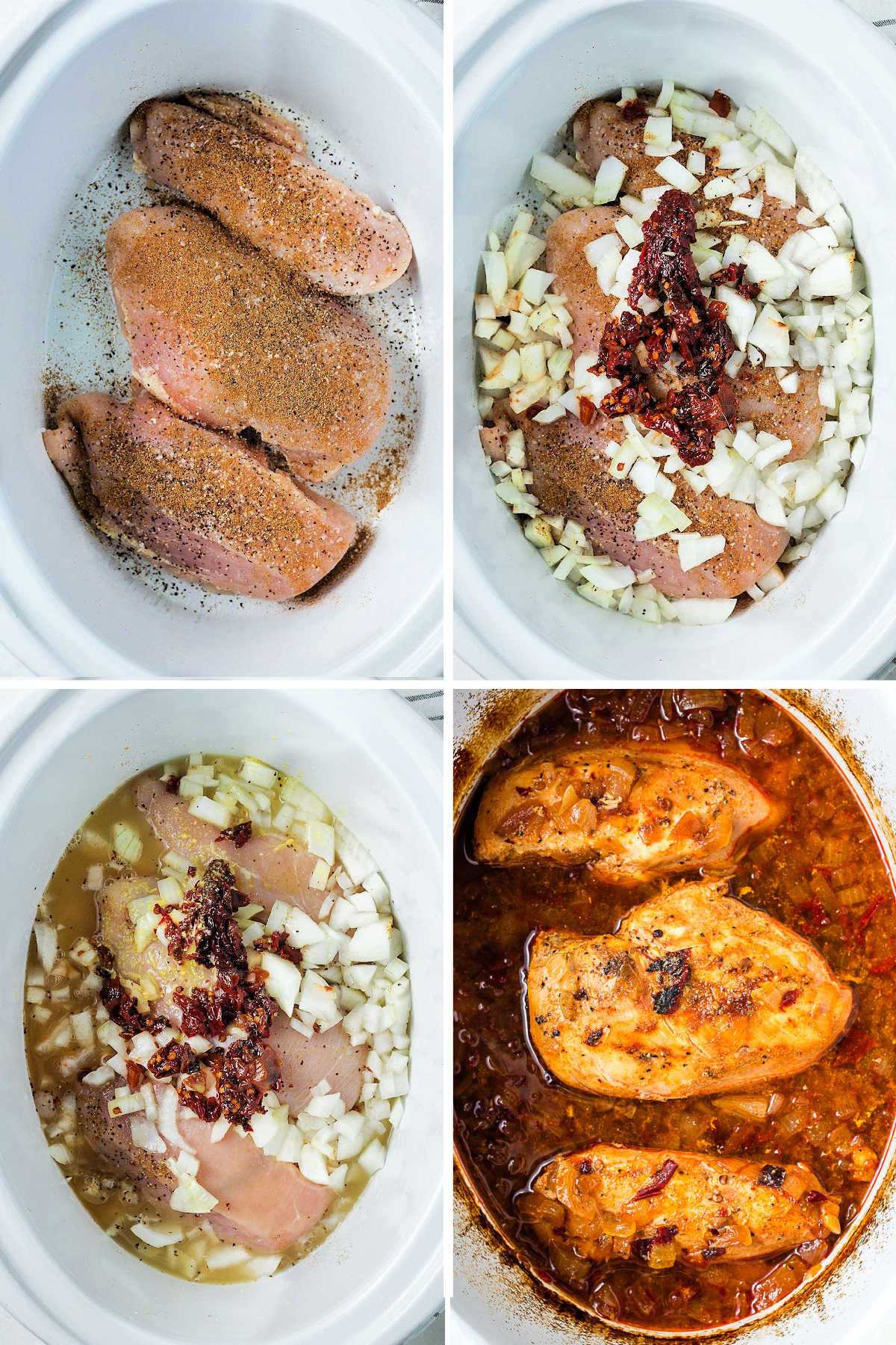 chicken breasts in a slow cooker with spices diced onions, chicken broth and adobo peppers.