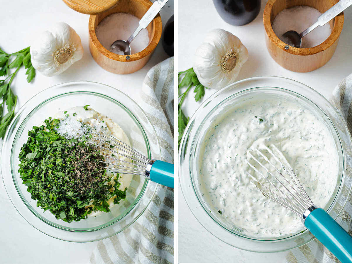 chopped herbs in a bowl with mayonnaise and sour cream to make the dressing for potato salad.