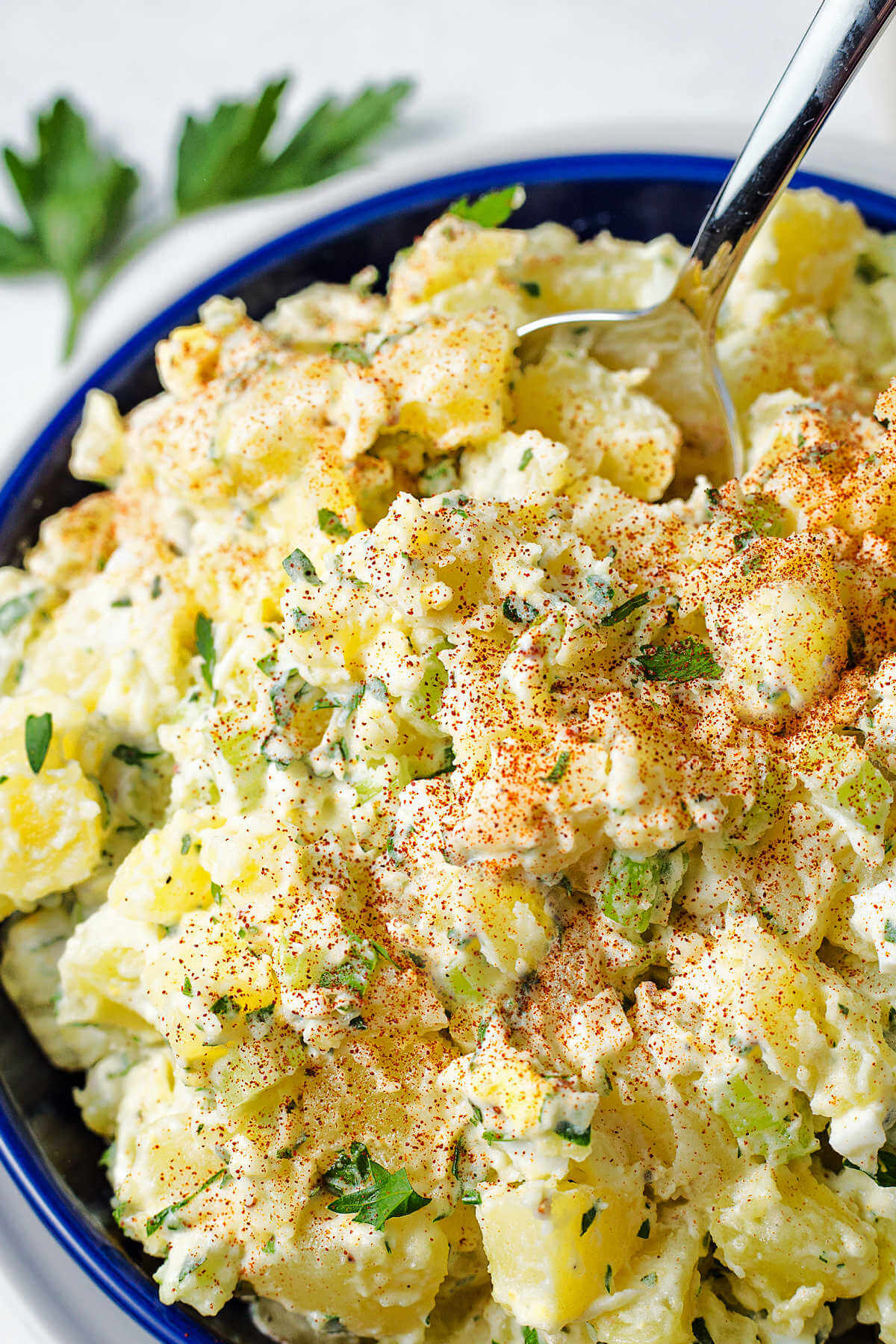 a bowl of fresh herb potato salad with paprika sprinkled on top with a serving spoon inserted into the middle.