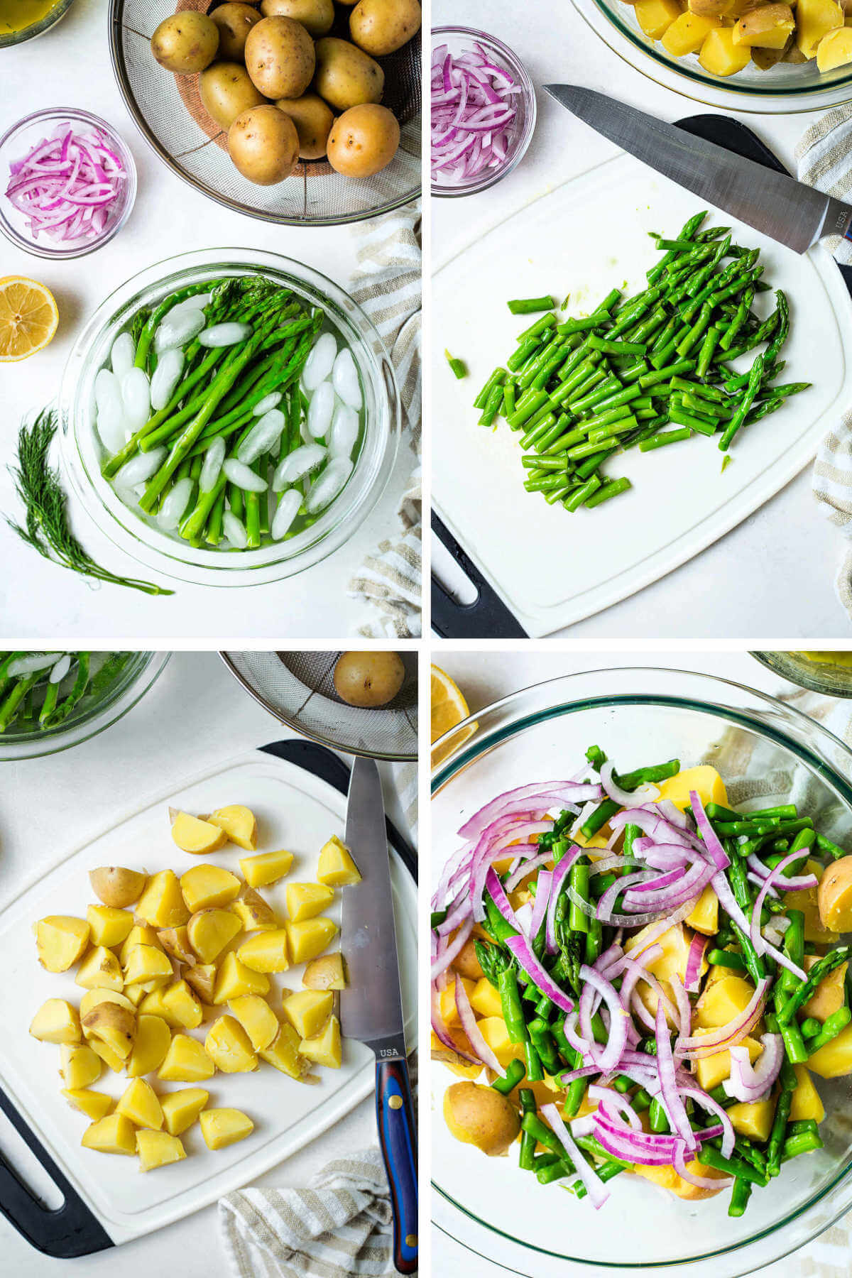 asparagus in an ice bath; asparagus on a cutting board; potatoes quartered on a cutting board; chopped veggies in a bowl for lemon dill potato salad.
