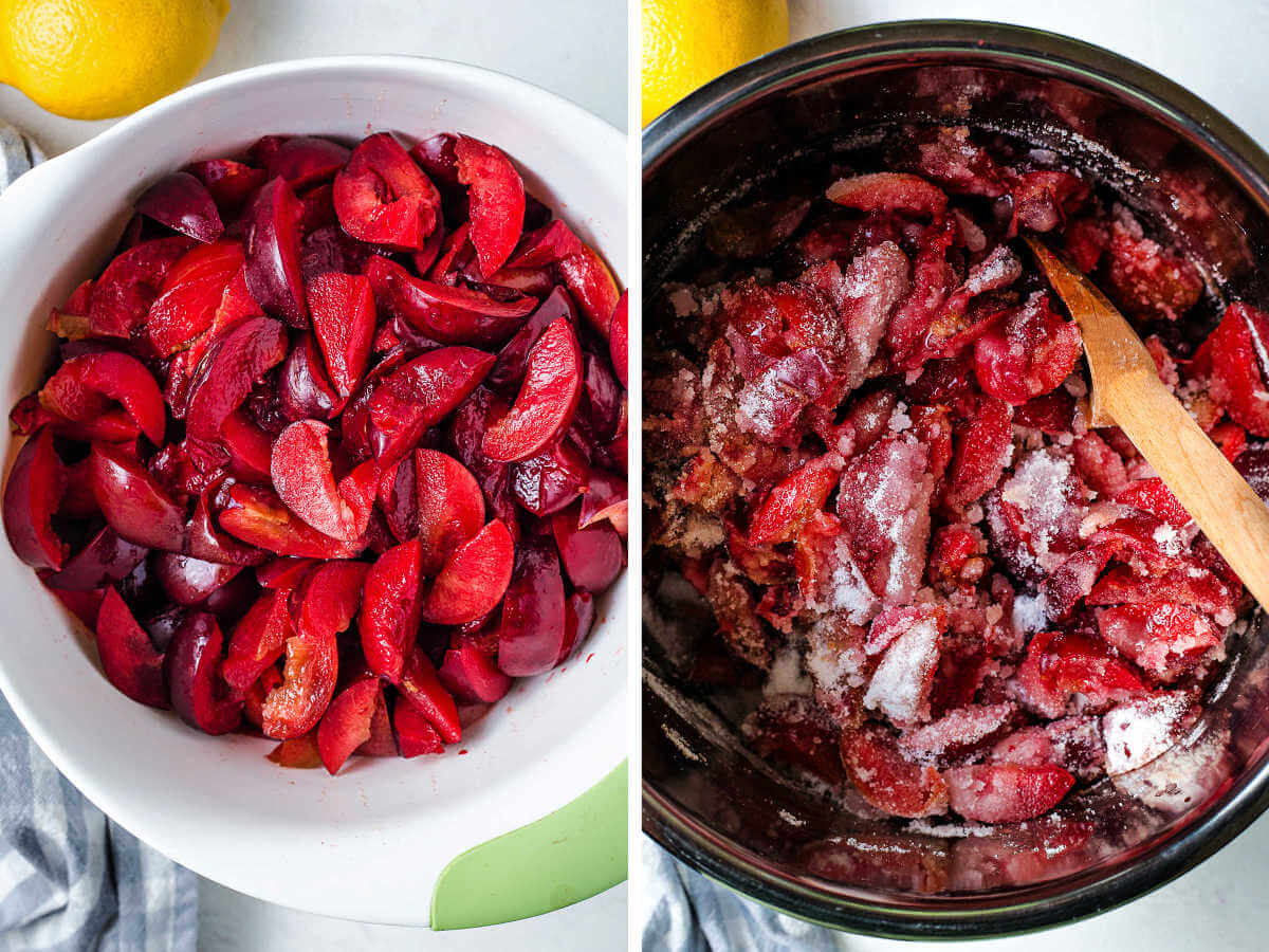 sliced plums in a bowl; plums mixed with sugar in the bowl of an instant pot.