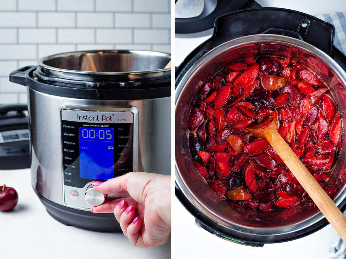 setting the instant pot to saute plums for jam.