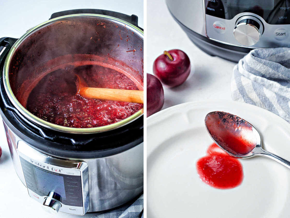 boiling plum mixture to thicken in an instant pot; a spoonful of jam on a plate to test if it will gel.