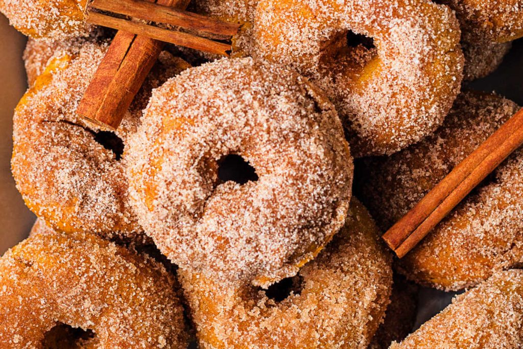 close up of cinnamon donuts,