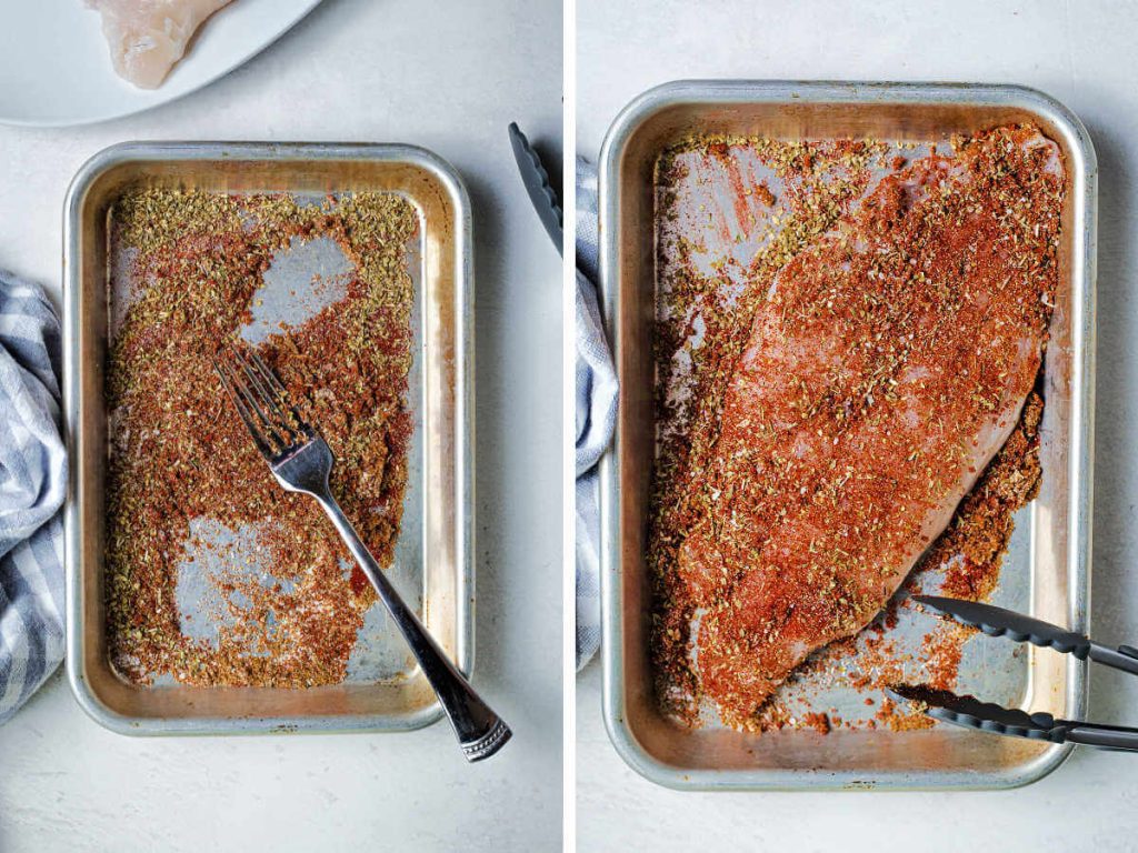 combining spices with a fork in a shallow pan; dredging a catfish filet in spices.