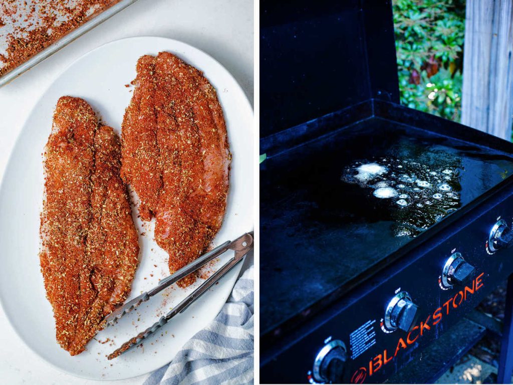 seasoned catfish filets on a plate; Blackstone griddle with oil and butter ready for cooking.