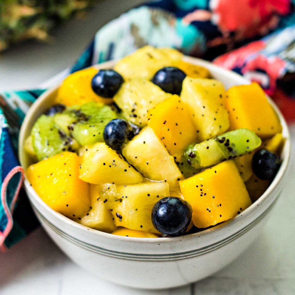 tropical fruit salad in a bowl.