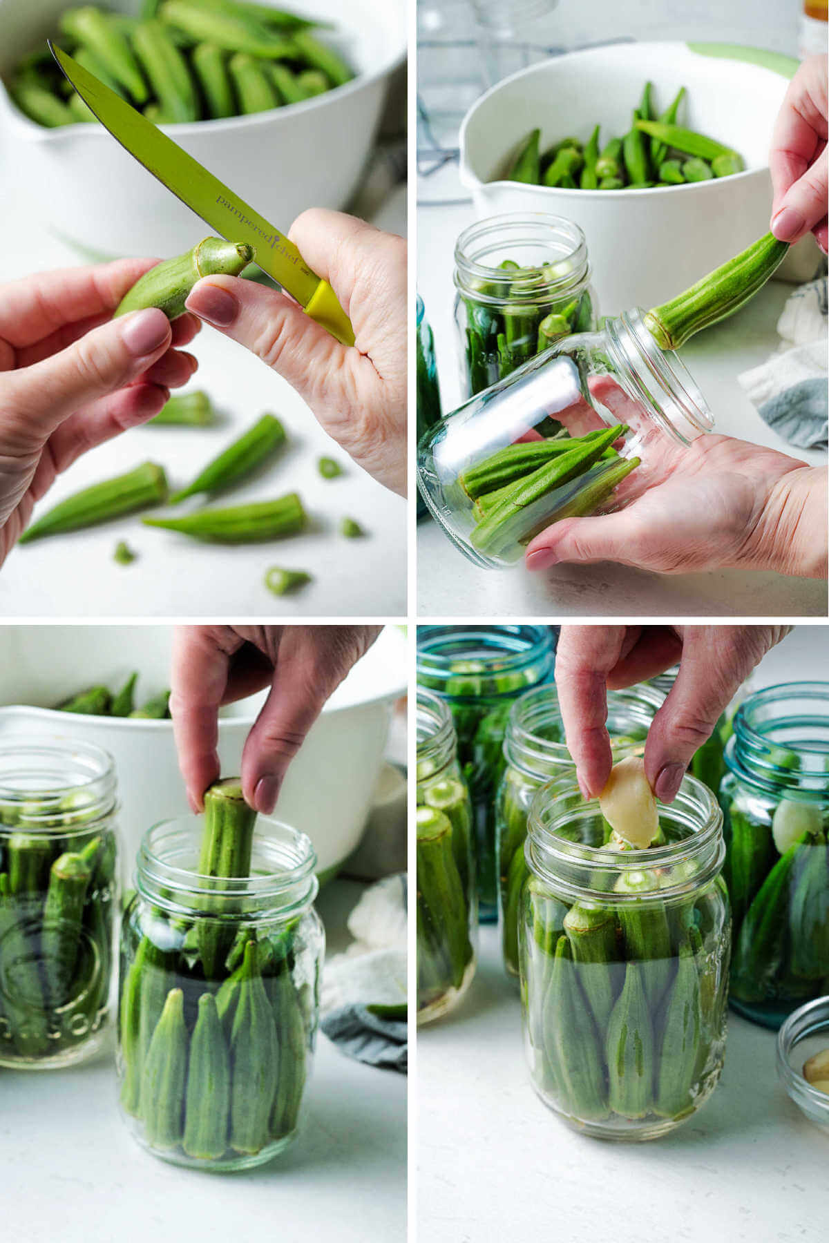 slicing the stems off okra pods; packing sterilized jars with whole okra pods.