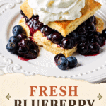 Single-image poster of Fresh Blueberry Shortcake on a sweet biscuit topped with homemade blueberry sauce and whipped cream, styled in warm tones of terracotta, cream, and olive green.