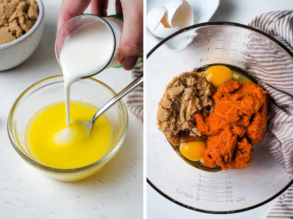 pouring buttermilk into melted butter; brown sugar, eggs, and pumpkin in a glass mixing bowl.