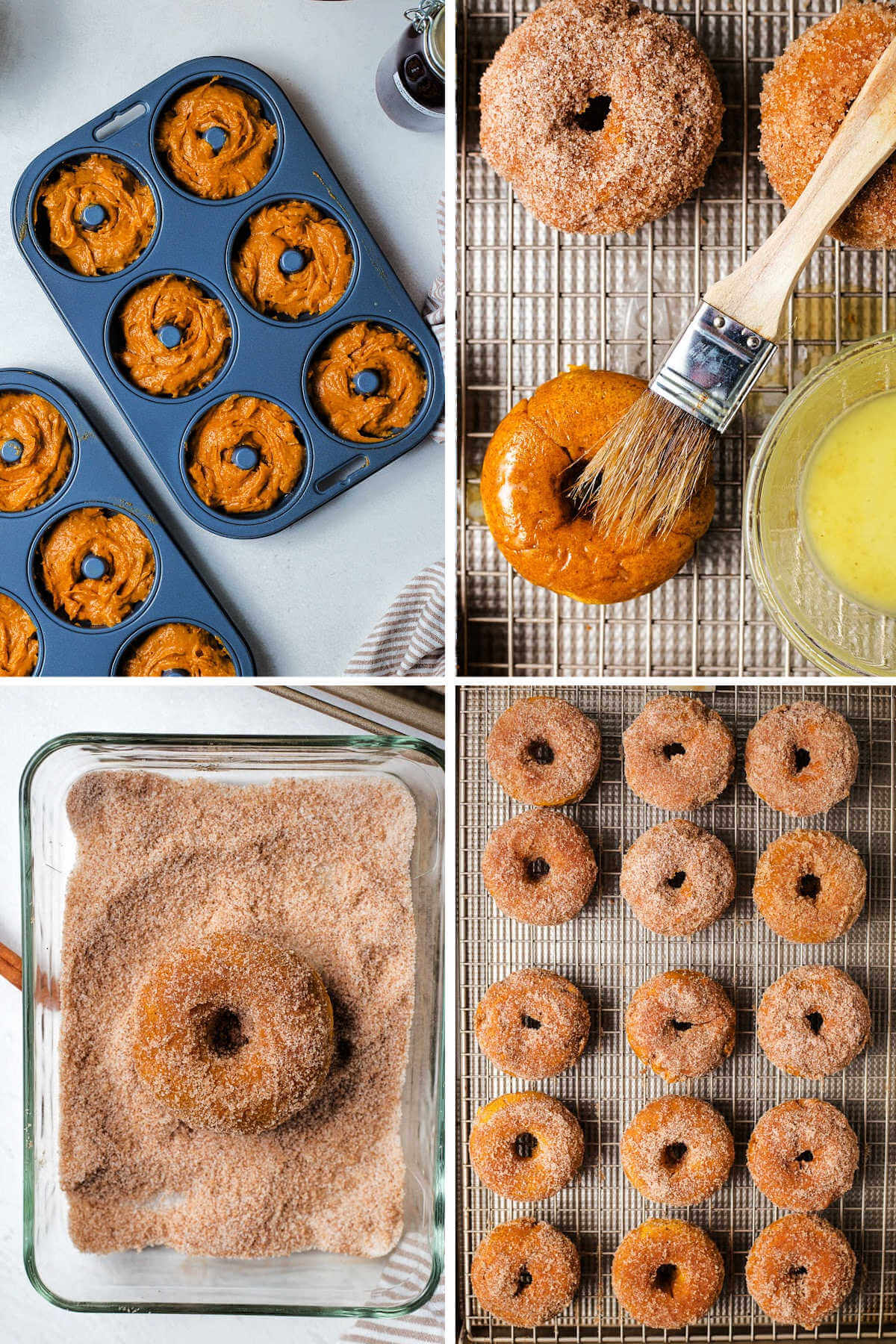 batter in donut pans; brushing donuts with butter and rolling in cinnamon sugar for pumpkin donuts.