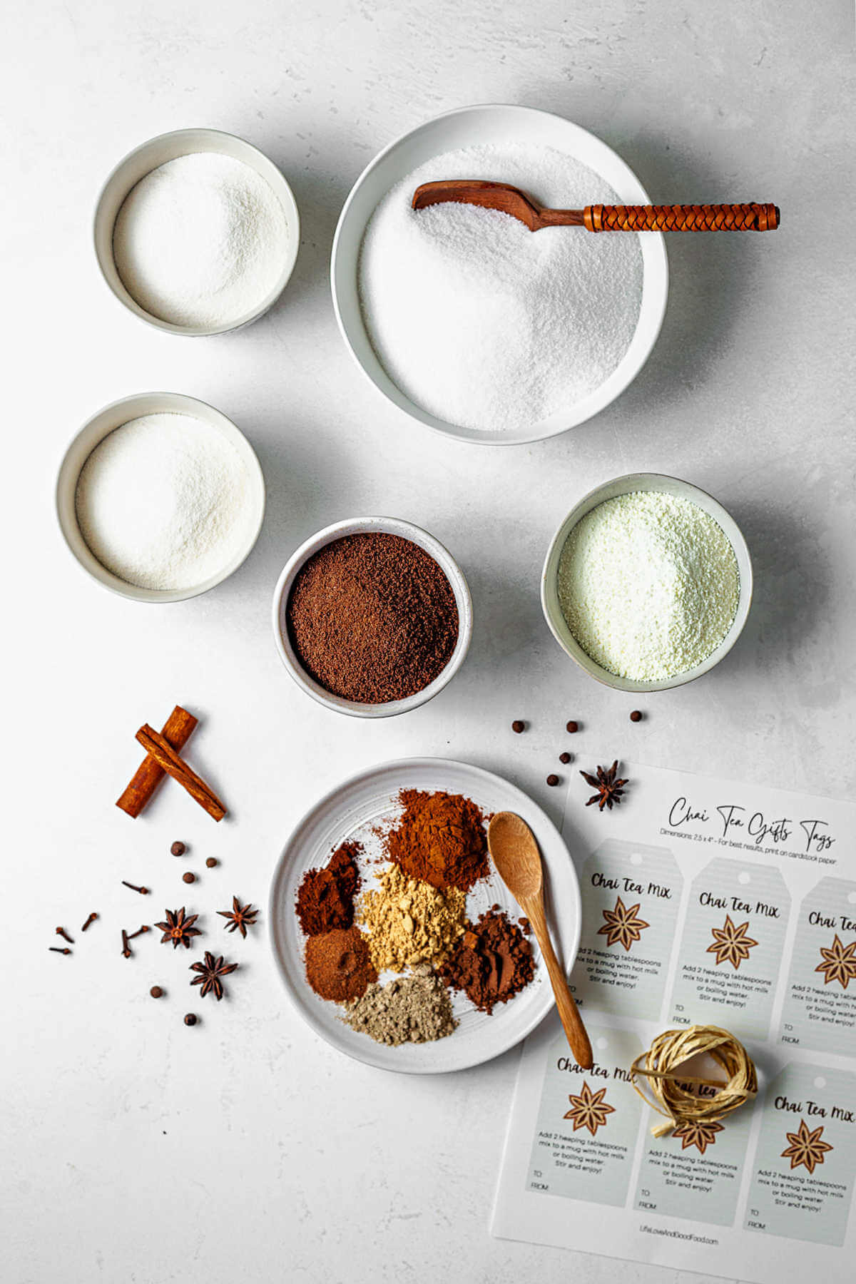 ingredients for chai tea mix on a table.