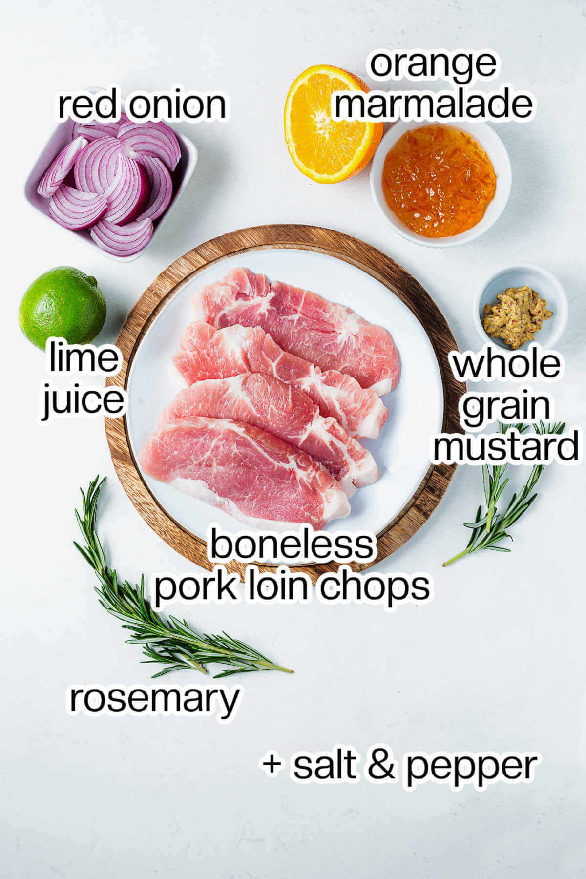 Ingredients for glazed pork chops on a table.