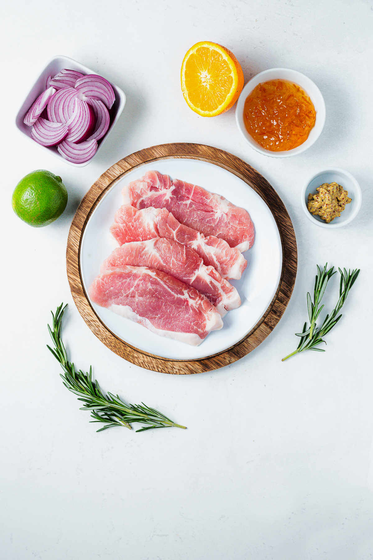 glazed pork chop ingredients on a table.