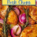 ORANGE MUSTARD GLAZED PORK CHOPS IN A SKILLET.