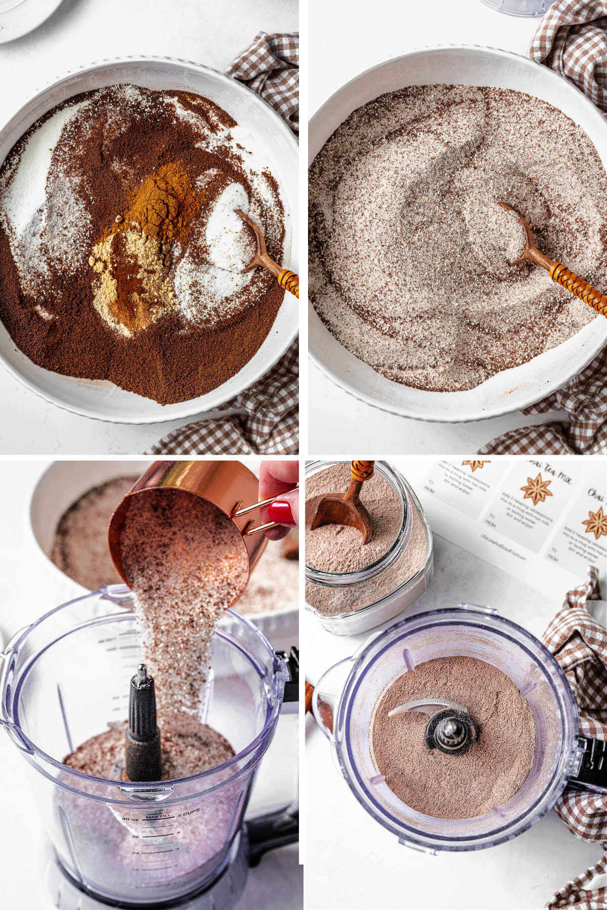 blending together ingredients for chai latte tea mix in a food processor.